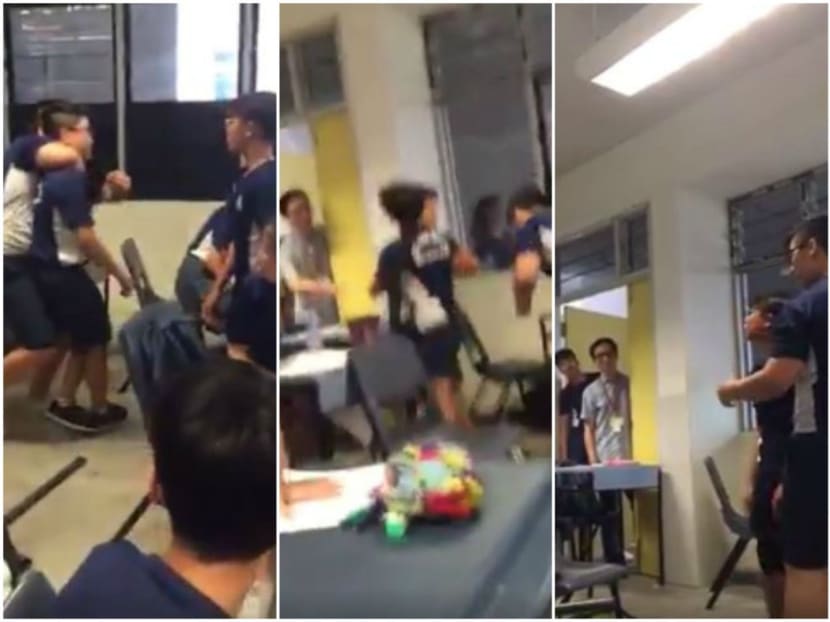 Last month, a video clip of a classroom brawl involving three students at St Hilda’s Secondary School was widely circulated online. The school said that it was counselling and disciplining the students involved in the fight in class. Still image taken from video