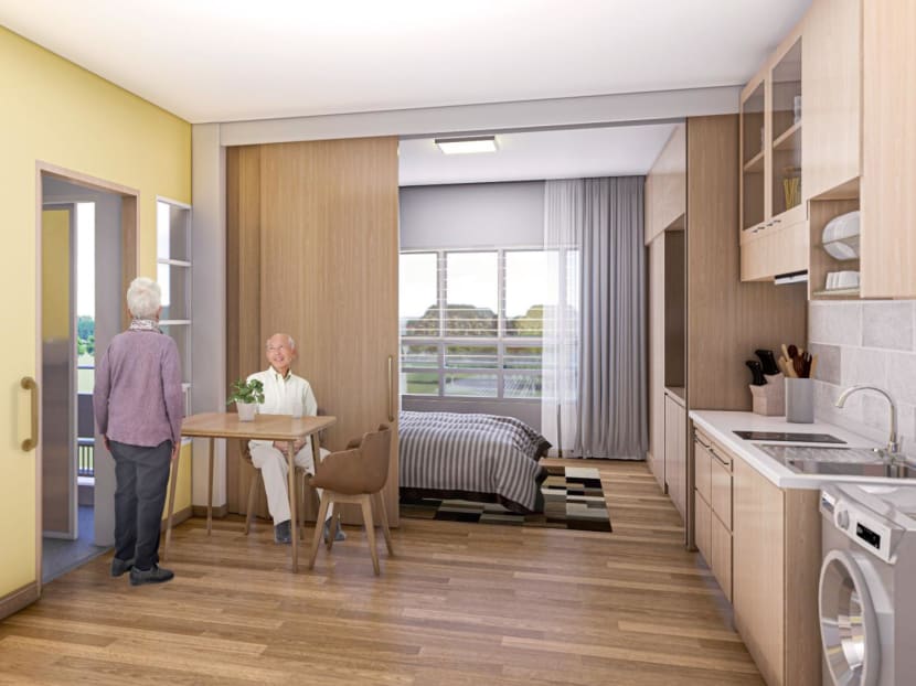 An artist's impression of a community care apartment in Queensway Canopy housing development. Each is expected to have open layouts with sliding partitions that separate the living room and bedroom, and come with a built-in wardrobe, cabinets and a furnished kitchen. An artist's impression of a community care apartment in Queensway Canopy housing development. Each is expected to have open layouts with sliding partitions that separate the living room and bedroom, and come with a built-in wardrobe, cabinets and a furnished kitchen.