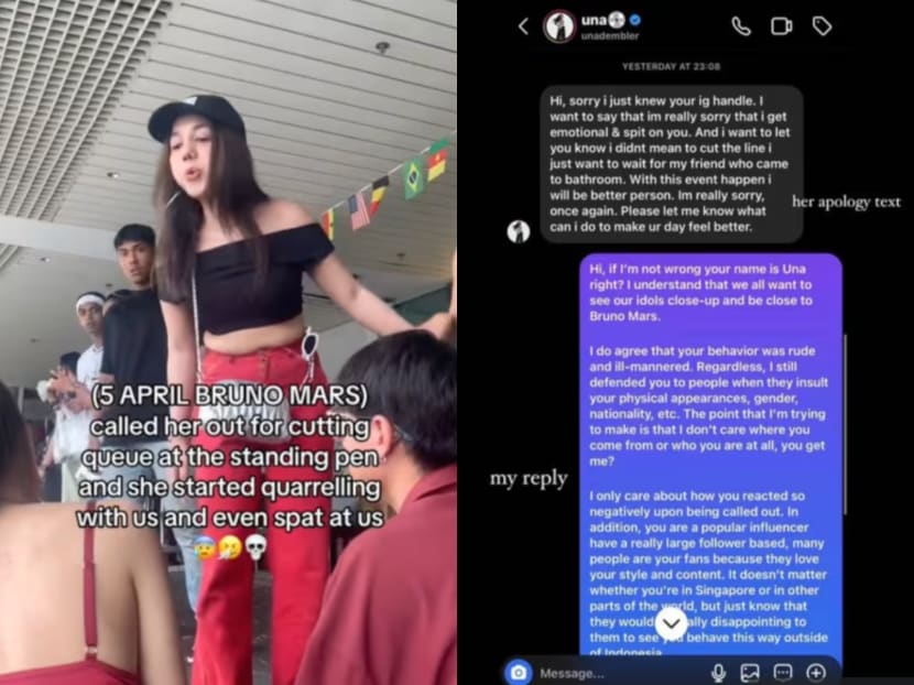 Influencer apologises for spitting on Bruno Mars concertgoer in Singapore during queue dispute Influencer apologises for spitting on Bruno Mars concertgoer in Singapore during queue dispute