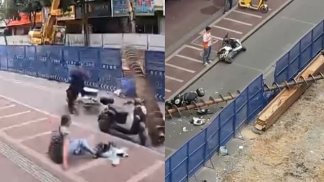 打桩机钻头突倒塌 两骑士弃车闪避惊险逃生