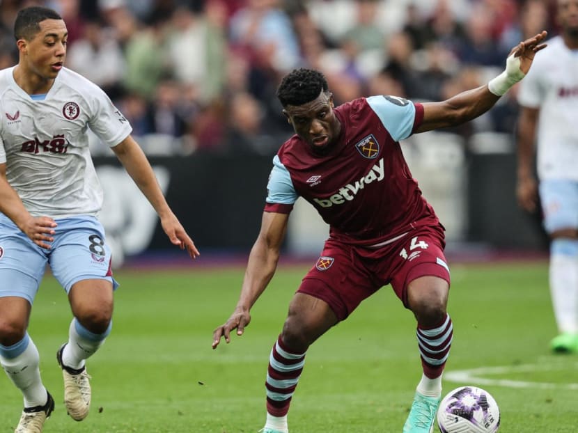 West Ham United's midfielder Mohammed Kudus (R) in action against Aston Villa's midfielder Youri Tielemans during the English Premier League football match between West Ham United and Aston Villa at the London Stadium, in London on March 17, 2024. West Ham United's midfielder Mohammed Kudus (R) in action against Aston Villa's midfielder Youri Tielemans during the English Premier League football match between West Ham United and Aston Villa at the London Stadium, in London on March 17, 2024.