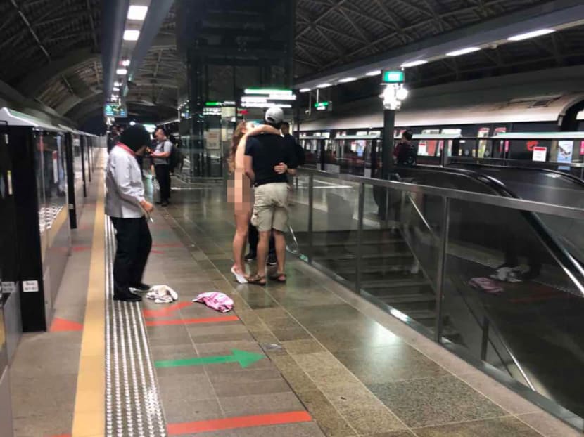 A 35-year-old Caucasian woman was arrested on Wednesday (June 6) night at Pioneer MRT station, after she stripped naked on the station platform.