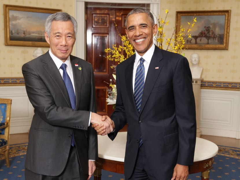 President Barack Obama greeting Prime Minister Lee Hsien Loong in the Blue Room prior to the Nuclear Security Summit working dinner with the heads of delegations in the East Room of the White House on 31 March, 2016. Photo: Chuck Kennedy/White House
