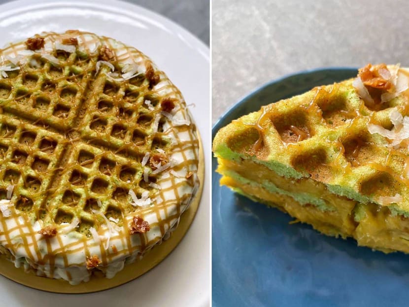 It has three pandan waffles layered with creamy durians.