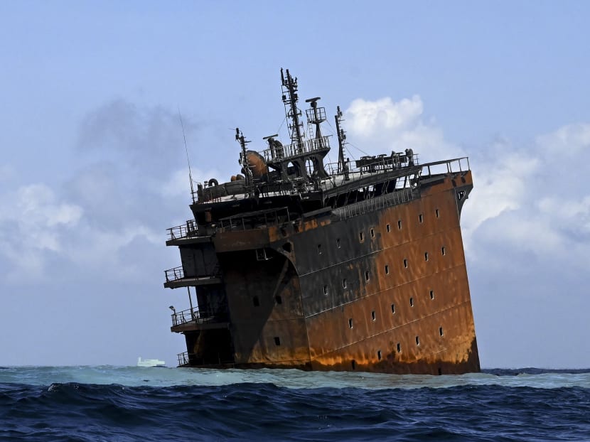 The Singapore-registered container ship MV X-Press Pearl carrying hundreds of tonnes of chemicals and plastics, sinks after burning for almost two weeks, just outside Colombo's harbour on June 2, 2021.