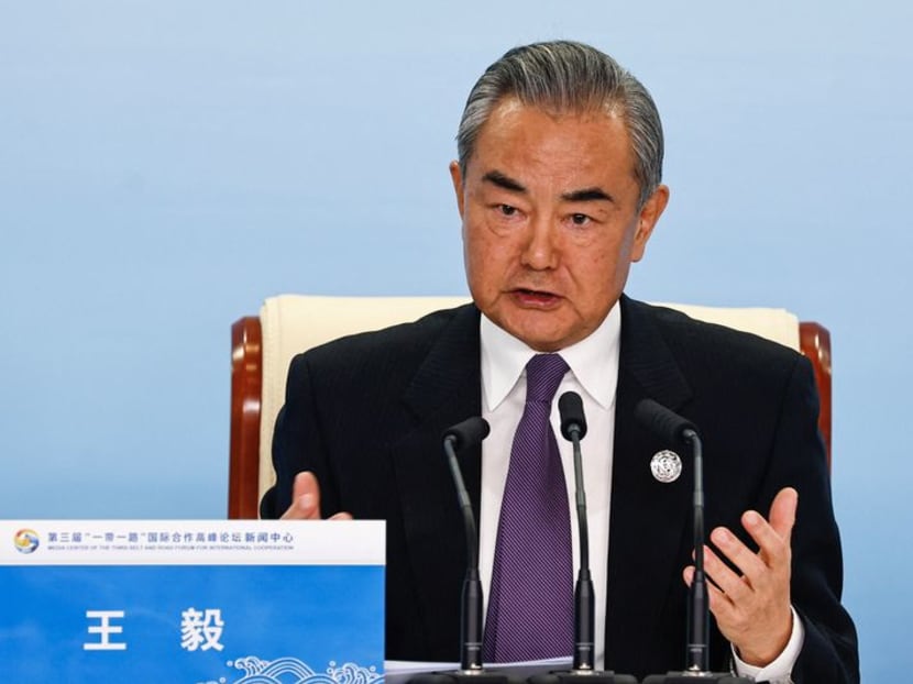 Chinese Foreign Minister Wang Yi speaks at a press conference on the sidelines of the Third Belt and Road Forum (BRF), at the media centre in Beijing, China on Oct 18, 2023.