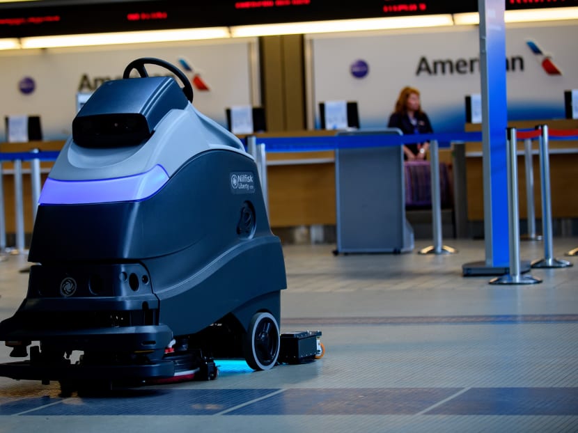 A UV robot cleans the floor near the ticketing windows at Pittsburgh International Airport on May 7, 2020 in Pittsburgh, Pennsylvania.
