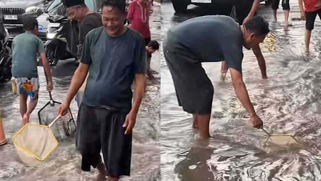印尼暴雨致鱼池溢流 马路现“抓鱼奇景”