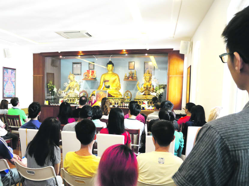 Kadampa Meditation Centre Singapore's meditation hall, where resident teacher Gen Kelsang Drolkyi is giving a teaching. Photo: KMC Singapore Kadampa Meditation Centre Singapore's meditation hall, where resident teacher Gen Kelsang Drolkyi is giving a teaching. Photo: KMC Singapore