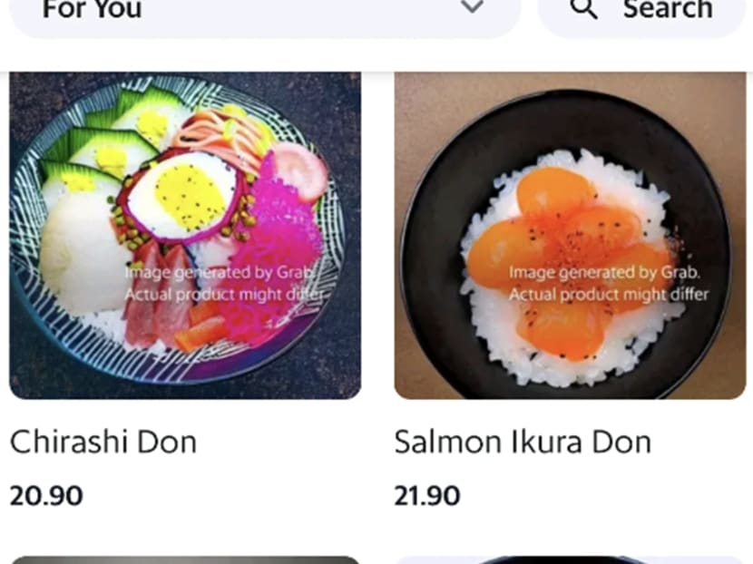 Food menu pictures for a Japanese restaurant on the GrabFood application that online users believe are generated by artificial intelligence software.