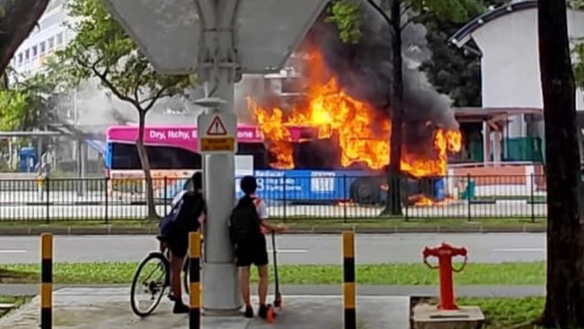 SMRT bus catches fire near Woodgrove Primary School in Woodlands; no injuries reported