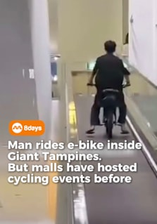 Someone really brought indoor cycling to a whole new level 🚴🏻 A man was caught on video riding an e-bike up a travelator inside a Giant hypermarket in Tampines, sparking a mix of shock, jokes and safety concerns among netizens online. While some found the moment amusing, others pointed out the potential risks of riding a personal mobility device in a crowded supermarket. Interestingly, this comes shortly after Seletar Mall hosted a supervised overnight cycling event in February 2026, where participants rode through designated routes within the mall. The contrast has led some to question where the line should be drawn when it comes to riding in public indoor spaces in Singapore. #8dayssg #8dayssgtrending #singapore #sgnews #sgviral