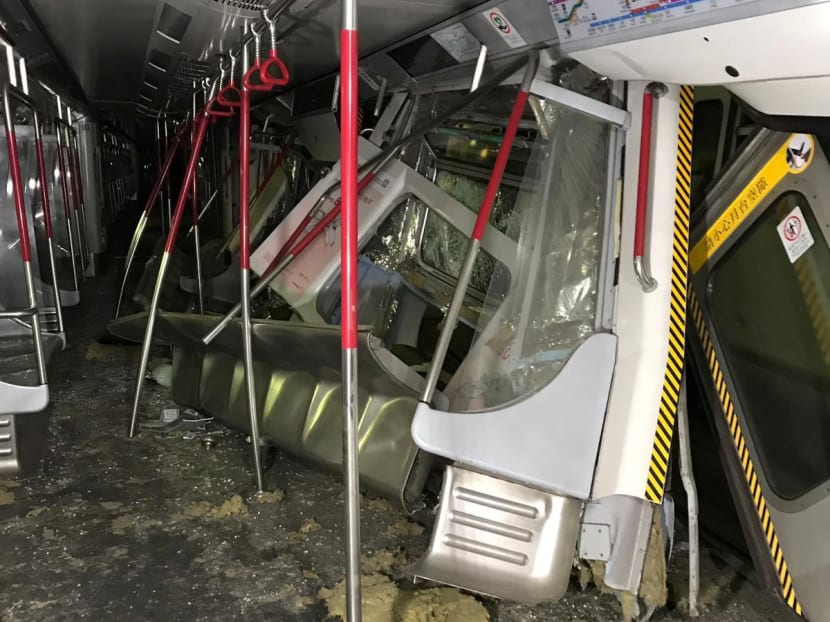 Mass Transit Railway (MTR) trains collide near Central station during signal system trial in Hong Kong, March 18, 2019.