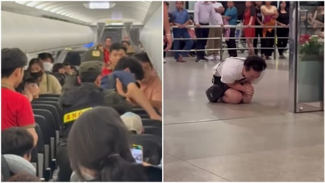 涉机上骚扰女乘客 韩男被强制拖离机舱失控下跪哭泣