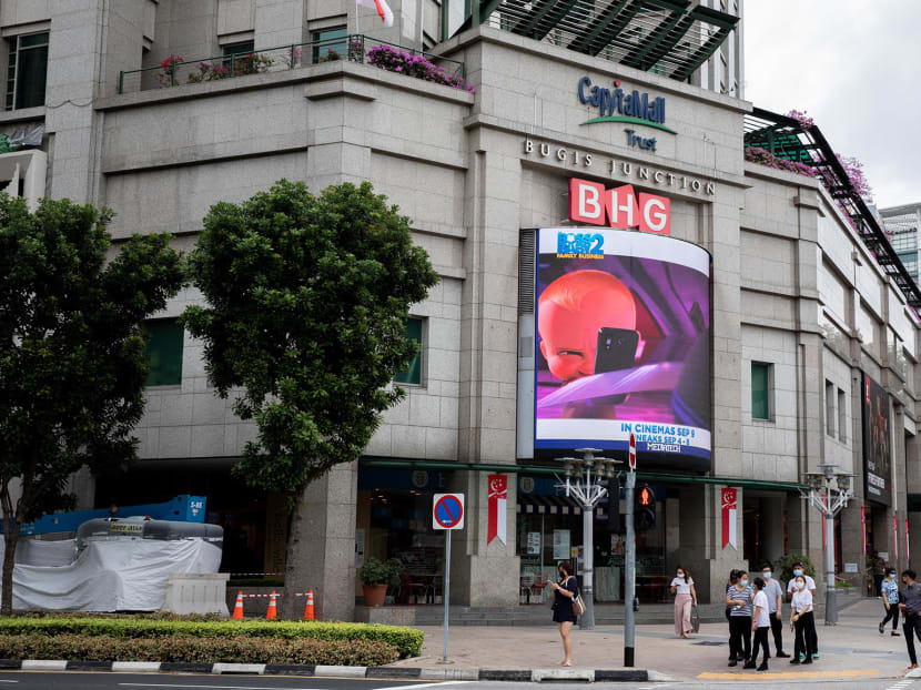 There were 104 Covid-19 cases linked to a growing cluster at Bugis Junction mall (pictured) as of Aug 26, 2021.