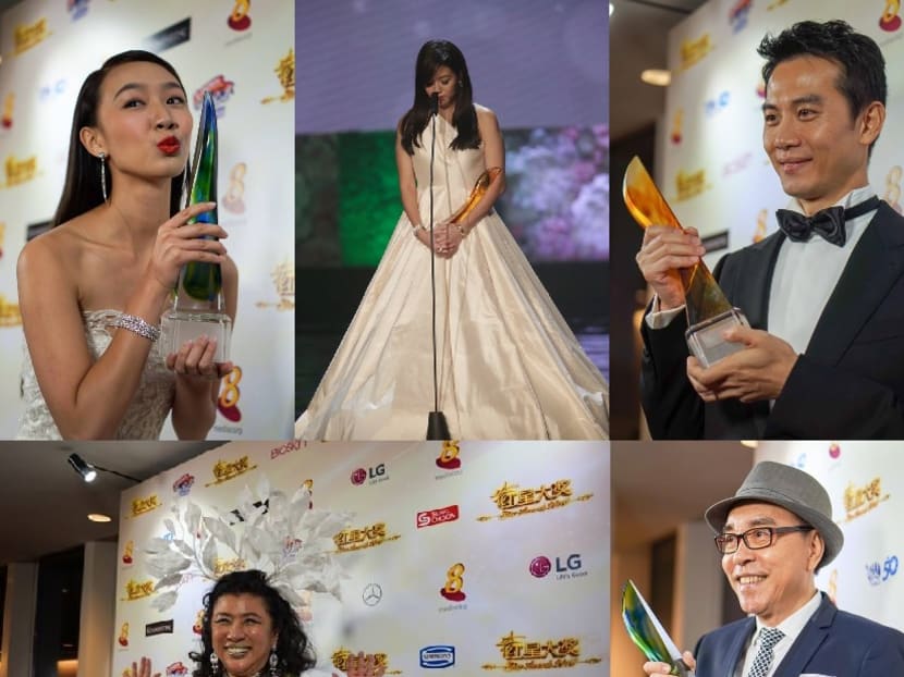 Some of the winners of Star Awards Show 1: (clockwise from left) Julie Tan, Rui En, Qi Yu Wu, Chen Shu Cheng and Liu Ling Ling (who was a judge on GeTai Challenge, which picked up two awards).