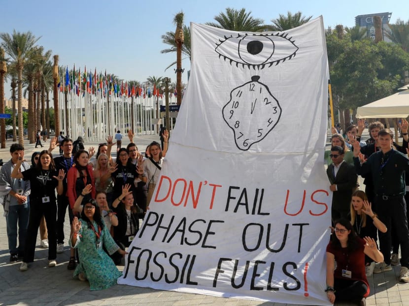 Climate activists attending a protest against fossil fuels at Dubai’s Expo City during the United Nations Climate Change Conference COP28 in Dubai, United Arab Emirates, on Dec 12, 2023. Climate activists attending a protest against fossil fuels at Dubai’s Expo City during the United Nations Climate Change Conference COP28 in Dubai, United Arab Emirates, on Dec 12, 2023.