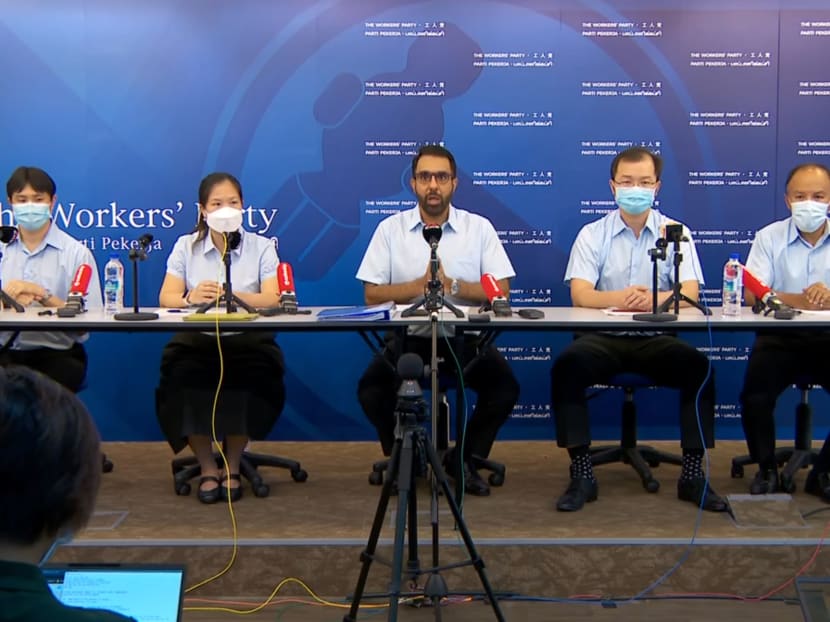 (From left) Associate Professor Jamus Lim, Ms He Ting Ru, Mr Pritam Singh, Mr Louis Chua and Mr Faisal Manap at a Workers' Party press conference on Dec 2, 2021.
