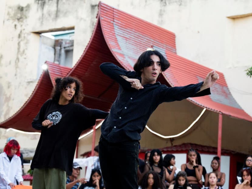 Young Cuban fans of popular Korean K-Pop music dance at the San Fan Con square in Havana, on Oct 21, 2023. 