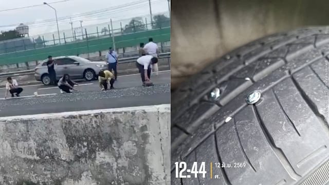 泰国大道钉子撒满路 多辆汽车爆胎受困