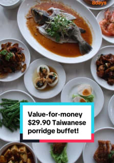 The old-school Goldleaf Restaurant offers a value-for-money $29.90 buffet, where you can load up on Taiwanese-style porridge paired with steamed sea bass, kam heong flower clams, prawns and the restaurant’s signature super fluffy chye poh omelette! #8days #goldleaf #buffet #Taiwaneseporridge #restaurant  #porridge#geylang #localfood #sgfoodie 