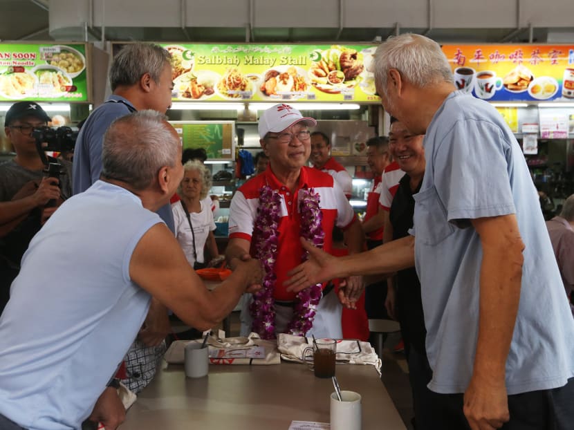 Dr Tan Cheng Bock, chief of the Progress Singapore Party (PSP), greeting residents at a walkabout at Teban Gardens Food Centre on Jan 12, 2020.