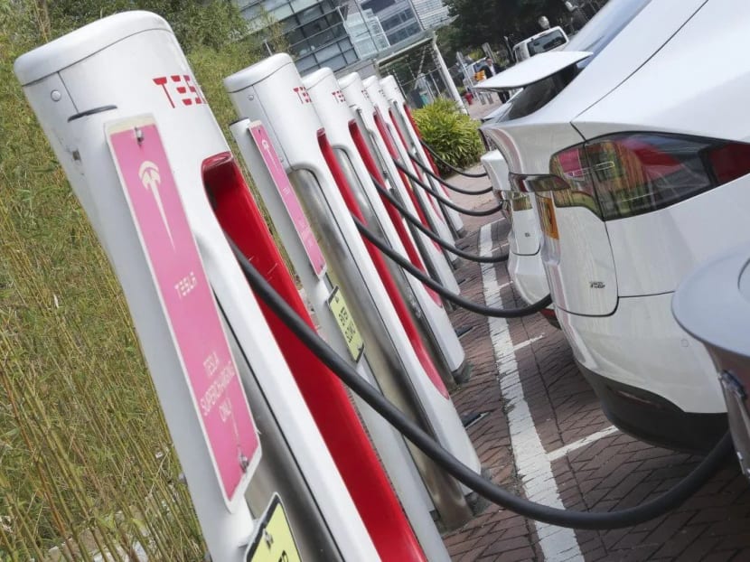 Tesla Supercharging station at Science Park, Tai Po. Hong Kong’s plans to ban the sale of all fossil fuel cars over the next 20 years.