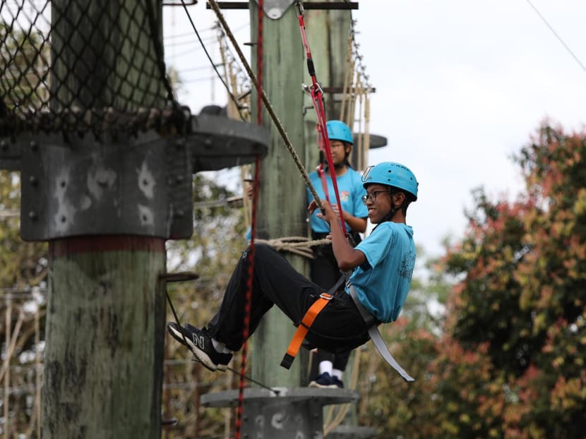 Students manoeuvre a tower circuit at the Jalan Bahtera Outdoor Adventure Learning Centre on Feb 1, 2023. Students manoeuvre a tower circuit at the Jalan Bahtera Outdoor Adventure Learning Centre on Feb 1, 2023.