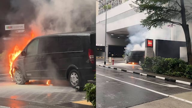 明古连街酒店门口有车辆起火 民防部队到场扑灭