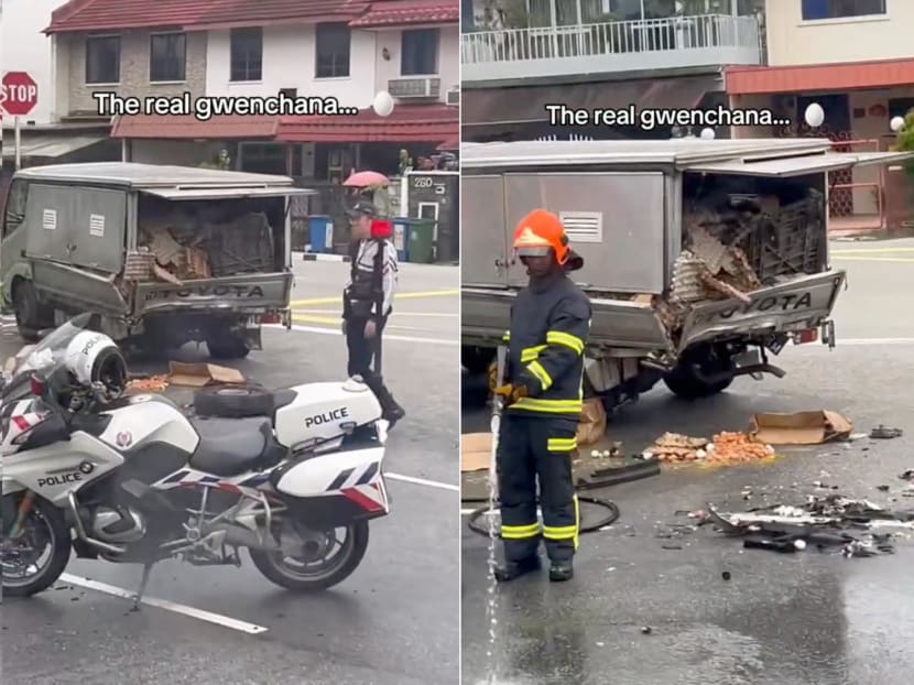 Screengrabs from a TikTok video showing the aftermath of an accident along Upper Thomson Road.