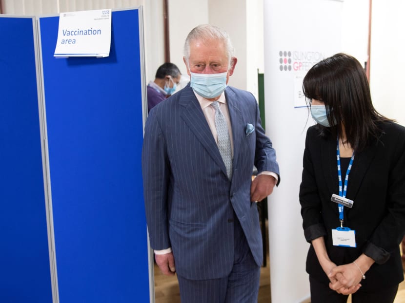 Britain's Prince Charles, Prince of Wales wearing a face covering, visit a temporary Covid-19 vaccination centre at Finsbury Park Mosque in east London on March 16, 2021.