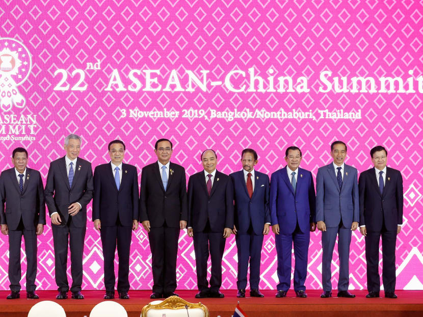 Leaders pose for a family photo at the Asean-China Summit with Chinese Premier Li Keqiang on the sidelines of the 35th Asean Summit in Bangkok, Thailand on Sunday, November 3, 2019.