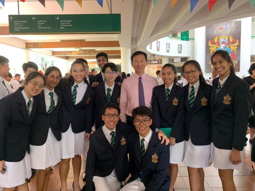Mr Ong with RI students at the school's Founder’s Day on July 27. Mr Ong with RI students at the school's Founder’s Day on July 27.