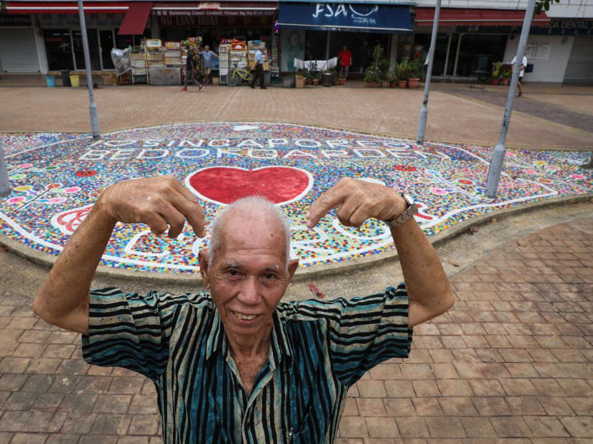 Retiree Sim Boh Huat with his completed mural at Block 25 New Upper Changi Road on Dec 27, 2022. Retiree Sim Boh Huat with his completed mural at Block 25 New Upper Changi Road on Dec 27, 2022.