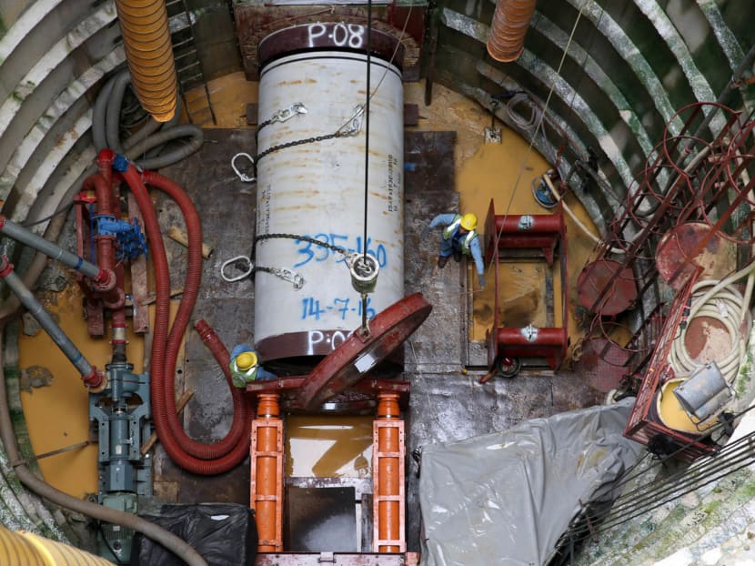 Workers are seen carrying out pipe-jacking at a work site at Punggol Way on May 17, 2017. Photo: Wee Teck Hian/TODAY