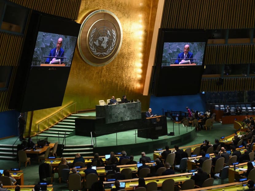 Egyptian Ambassador to the United Nations Osama Abdelkhalek speaks during a General Assembly meeting to vote on a non-binding resolution demanding "an immediate humanitarian ceasefire" in Gaza at UN headquarters in New York on Dec 12, 2023.