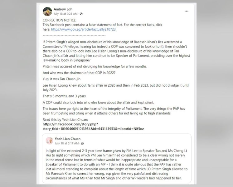 POFMA orders issued over online posts falsely stating that Committee of Privileges was convened to look into Pritam Singh