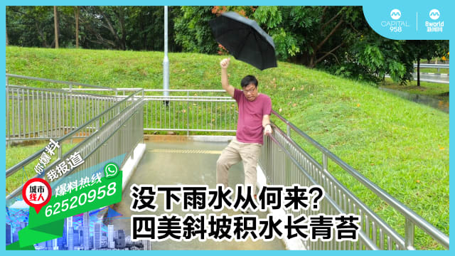 没下雨水从何来？四美斜坡积水长青苔