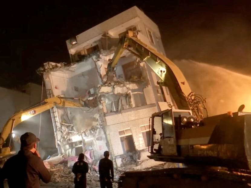 Workers carry out rescue operation at the site where a building collapsed, following the earthquake, in Hualien, Taiwan, in this screengrab taken from a SET TV video shot on April 3, 2024. Workers carry out rescue operation at the site where a building collapsed, following the earthquake, in Hualien, Taiwan, in this screengrab taken from a SET TV video shot on April 3, 2024.
