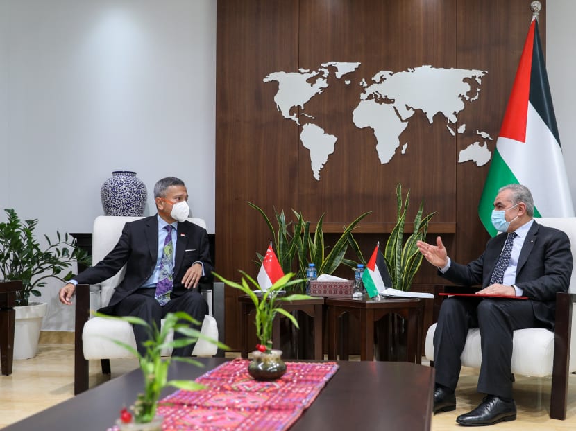 Singapore's Minister for Foreign Affairs Vivian Balakrishnan meeting Palestinian Authority Prime Minister Mohammad Shtayyeh on March 20, 2022. Singapore's Minister for Foreign Affairs Vivian Balakrishnan meeting Palestinian Authority Prime Minister Mohammad Shtayyeh on March 20, 2022.