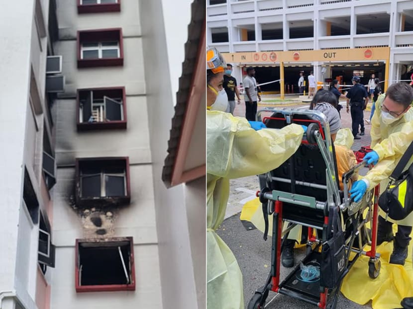 In photos posted by SCDF on Facebook, a person can be seen on a stretcher being attended to by paramedics. Another photo showed the broken window of the affected unit, with debris strewn on the block's ground floor as smoke blackened parts of the exterior wall. In photos posted by SCDF on Facebook, a person can be seen on a stretcher being attended to by paramedics. Another photo showed the broken window of the affected unit, with debris strewn on the block's ground floor as smoke blackened parts of the exterior wall.