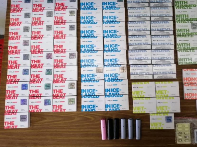 Electronic vaporisers and electronic liquid cartridges found in a car driven by a 27-year-old Singaporean and seized by the Immigration and Checkpoints Authority on July 5, 2019. Electronic vaporisers and electronic liquid cartridges found in a car driven by a 27-year-old Singaporean and seized by the Immigration and Checkpoints Authority on July 5, 2019.