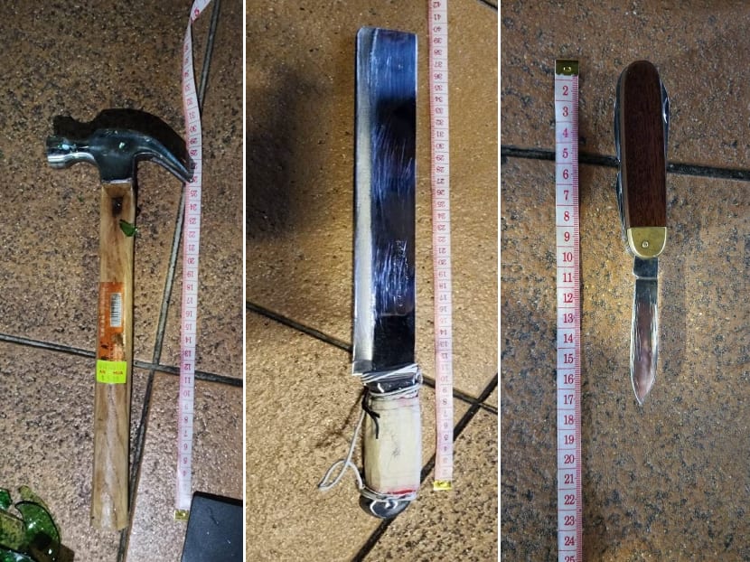 A hammer, a knife and a Swiss Army knife were seized from the man on March 24, 2023.