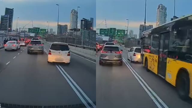 马国注册轿车关卡鲁莽换车道 客满“小黄”急刹车险出车祸