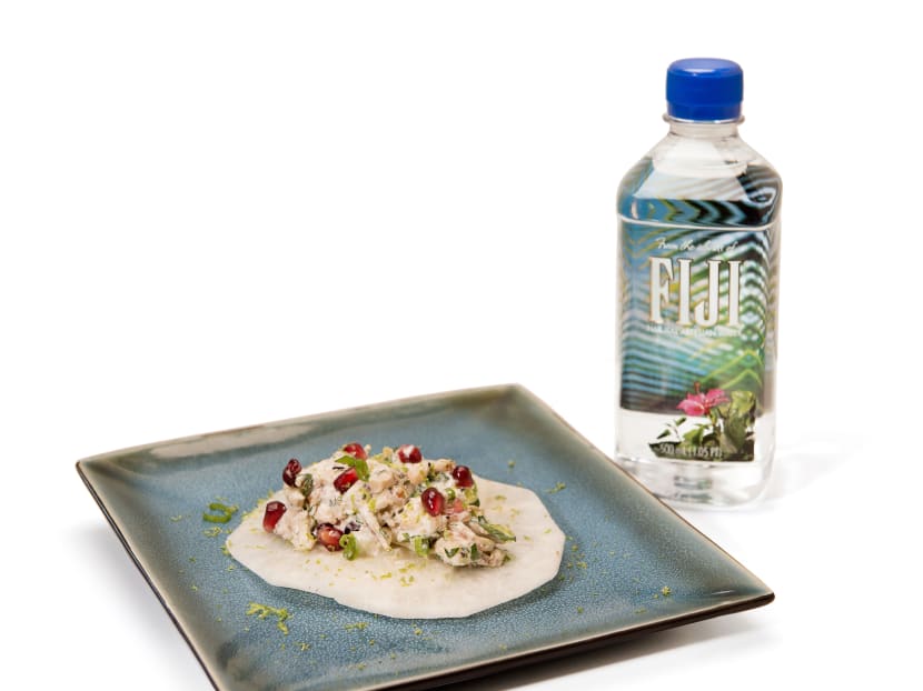 Chef Shemtob's inspired blue crab and jicama taco come with a bottle of FIJI Water.