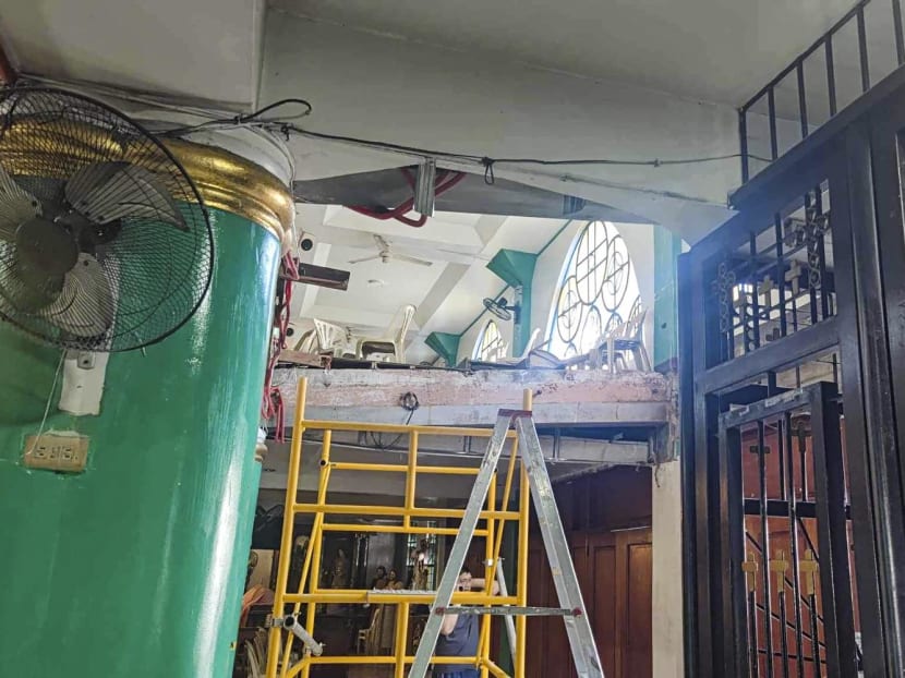 This photo shows a general view of a partially collapsed balcony inside a church in San Jose del Monte, Bulacan, on Feb 14, 2024.