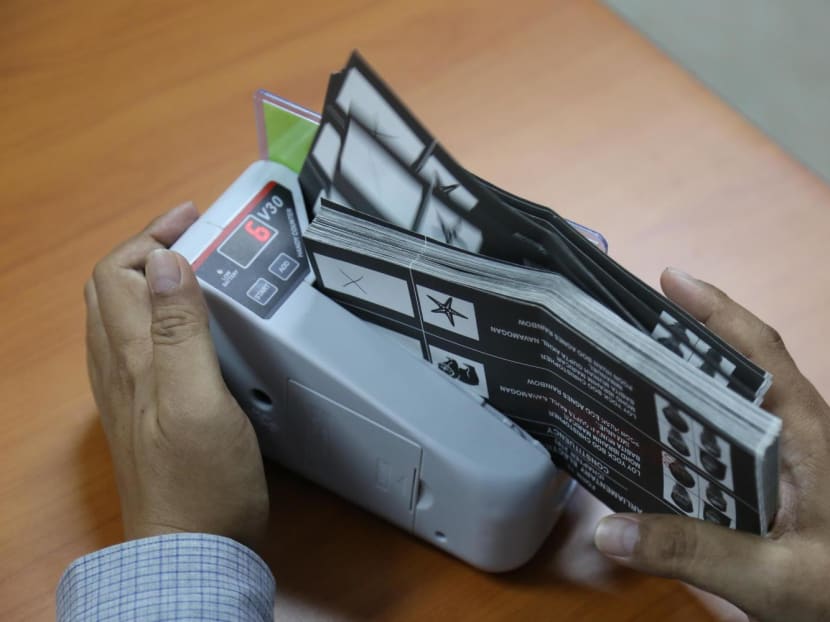 A machine used to count voting slips seen at the Elections Department Singapore training centre in 2019.