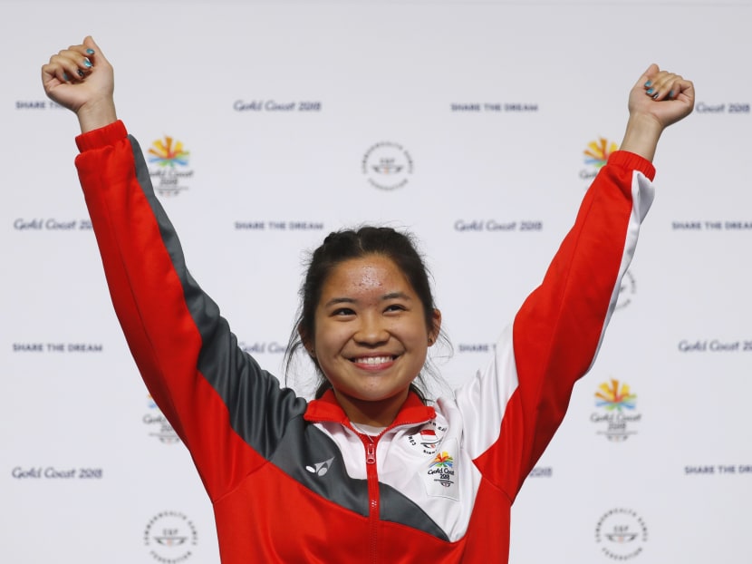 National shooter Martina Lindsay Veloso celebrates after winning the women's 50m rifle prone gold at the Gold Coast Commonwealth Games. Photo: Sport Singapore