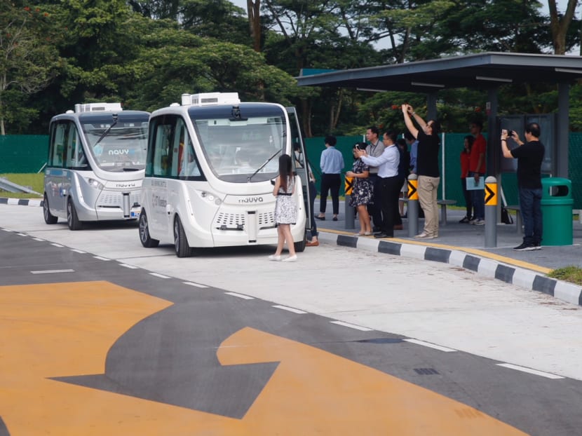 Self-driving shuttle buses are seen at Singapore’s first test centre for autonomous vehicles (AVs) in the Jurong Innovation District, Nov 22, 2017. Photo: Najeer Yusof/TODAY