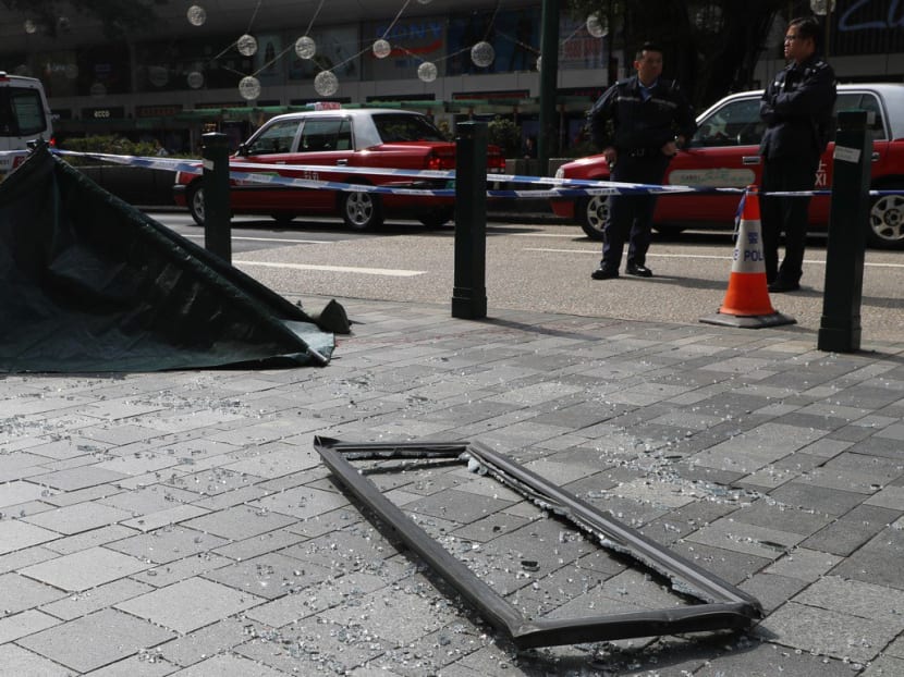 The fallen window at the scene of the incident along Nathan Road, Hong Kong.